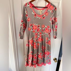 Matilda Jane Womens Marzipan Fit Flare Dress Floral Print Gray Pink Size Medium.